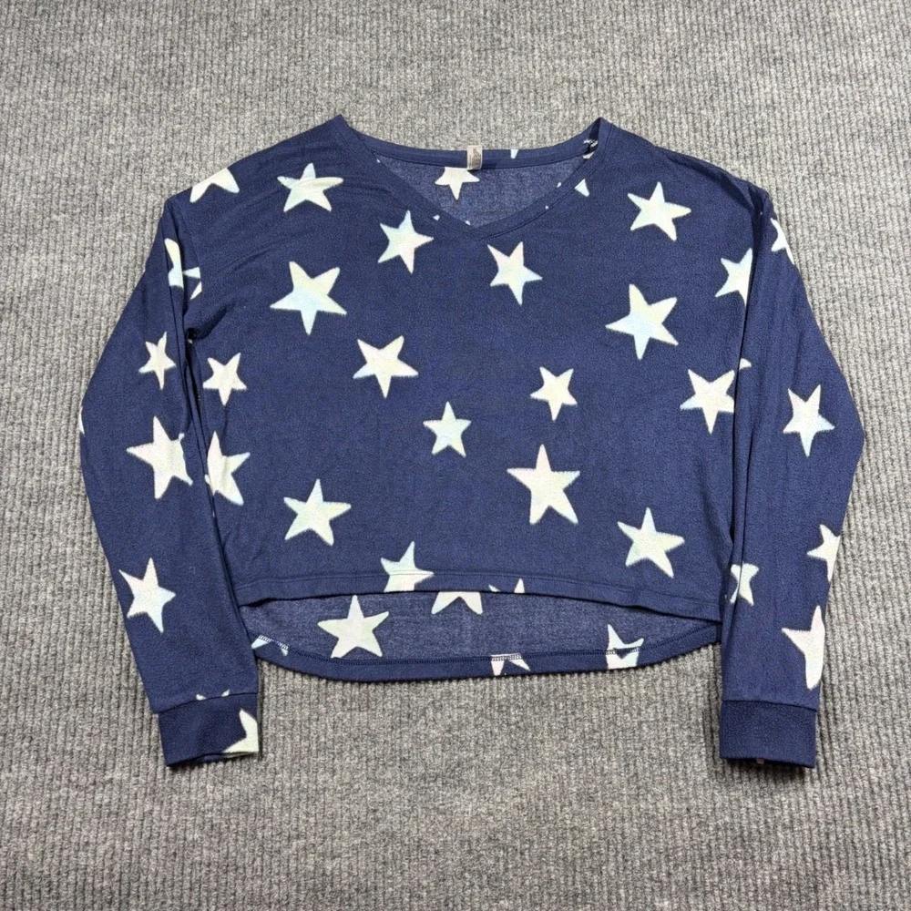 SO Intimates Pajama Top Womens Small Blue White Star Print Long Sleeve V-Neck